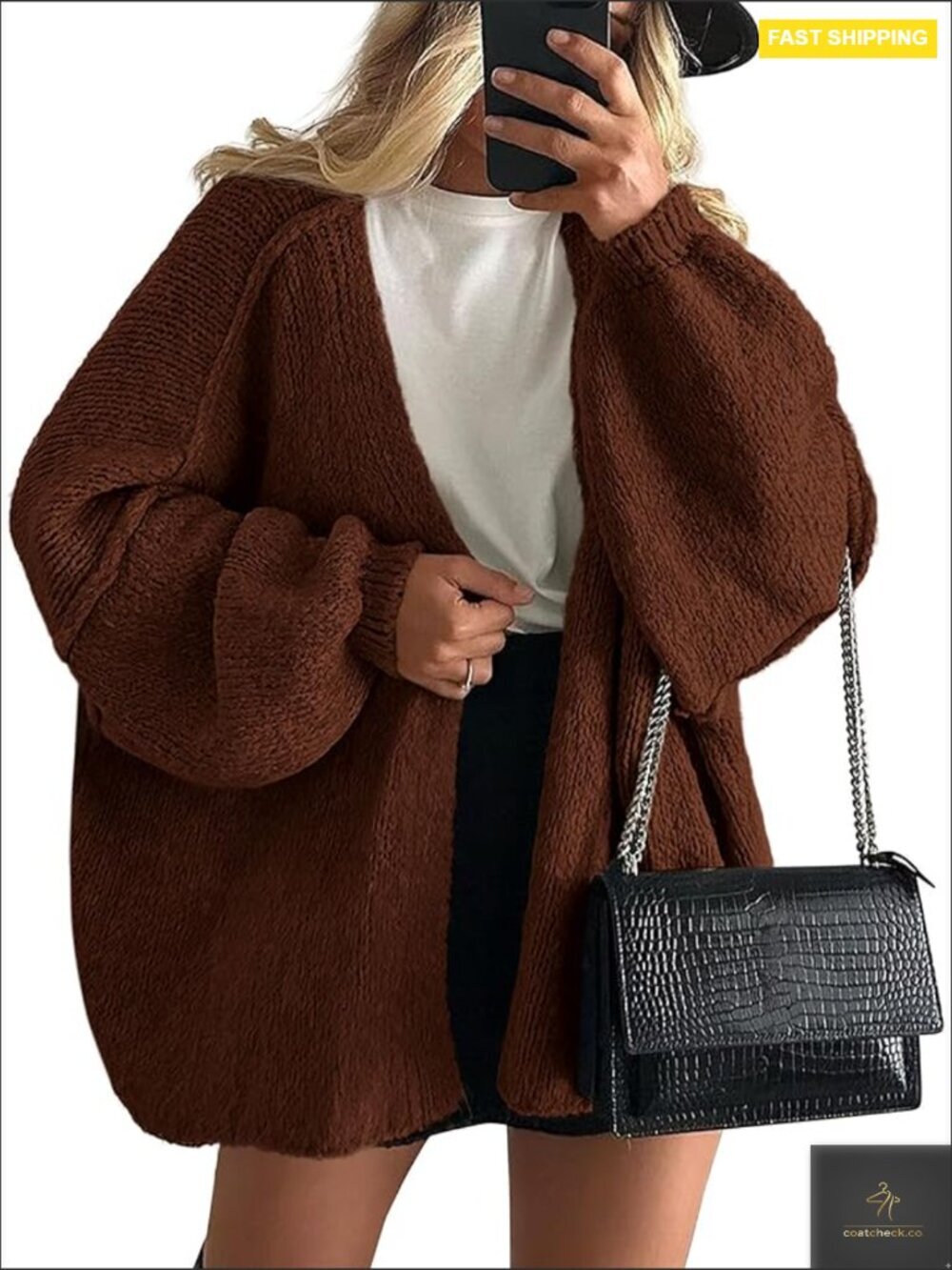 Oversized Open Front Knit Cardigan Long Lantern Sleeve Lightweight Fall